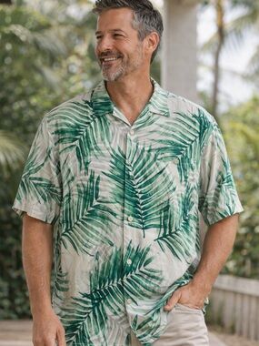 Tropical 100% Silk Leaf Print XXL Green White Palm Vacation Lightweight shirt